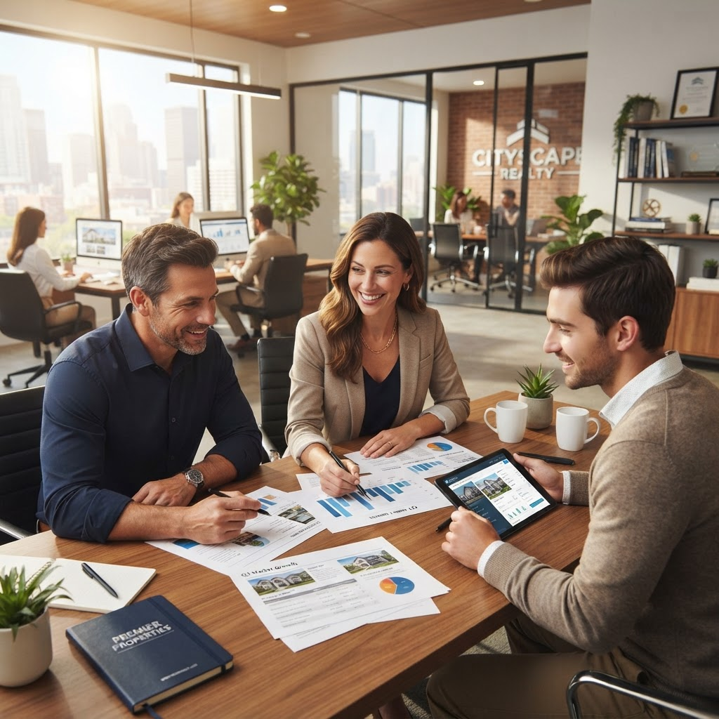 Real estate agents collaborating on growth strategy